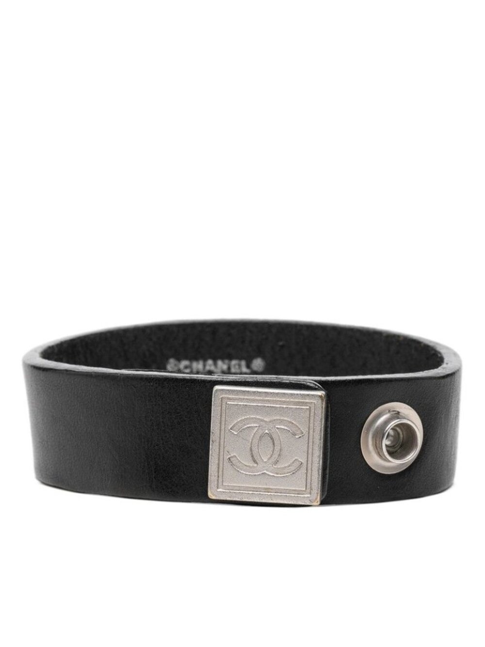 Chanel CC Logo Bracelet Black Silver Leather Metal